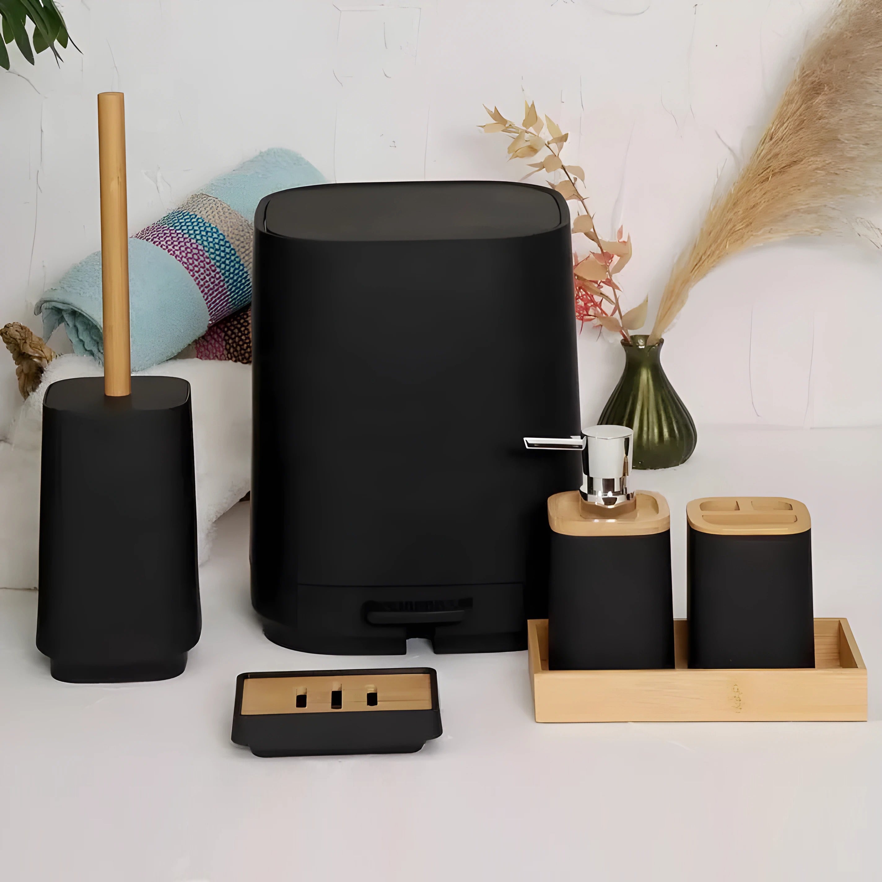 Black & Bamboo Bathroom Set