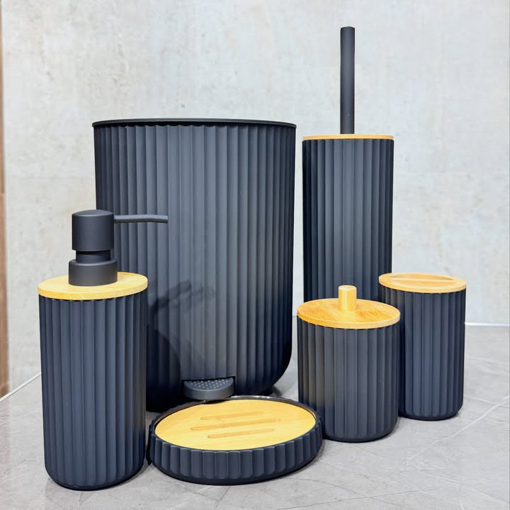 Ribbed Charcoal & Bamboo Bathroom Set